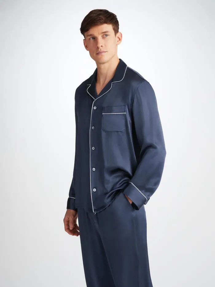 Long Pajamas Men Derek Rose Pajamas Bailey Silk Satin Navy