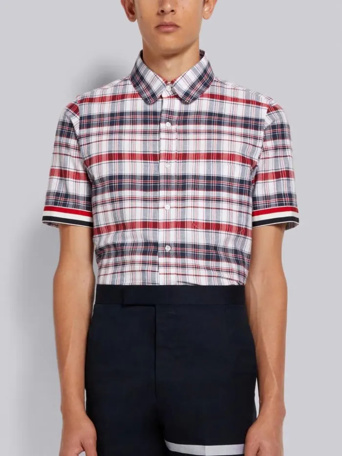 Multicolor Stripe Plaid Stripe Cuff Straight Fit Round Collar Short Sleeve Shirt Rwbwht Men Thom Browne Shirting