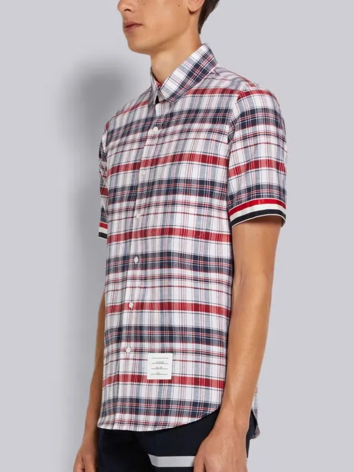 Multicolor Stripe Plaid Stripe Cuff Straight Fit Round Collar Short Sleeve Shirt Rwbwht Men Thom Browne Shirting