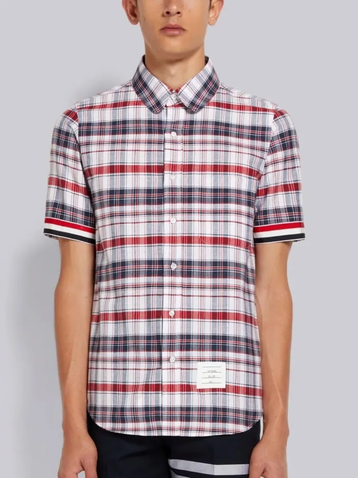 Multicolor Stripe Plaid Stripe Cuff Straight Fit Round Collar Short Sleeve Shirt Rwbwht Men Thom Browne Shirting
