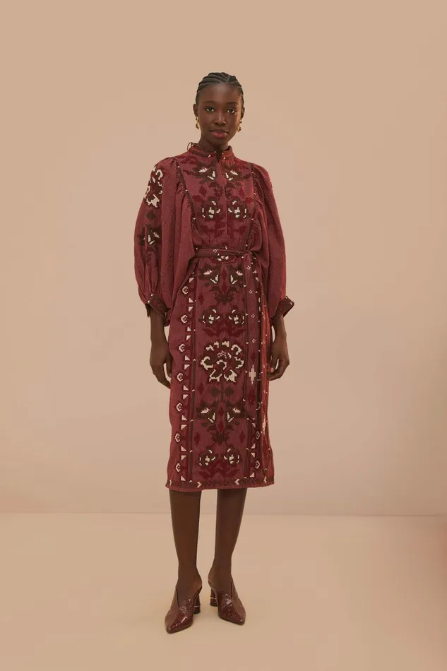 Toucans Scarf Cross Stitch Embroidered Midi Dress Women FARM Rio Midi Dresses
