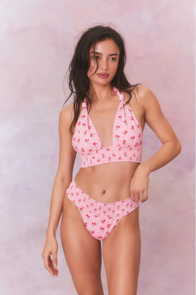 Women Swim LoveShackFancy Katya Cherry Halter Bikini Swim Set Cherry Pink