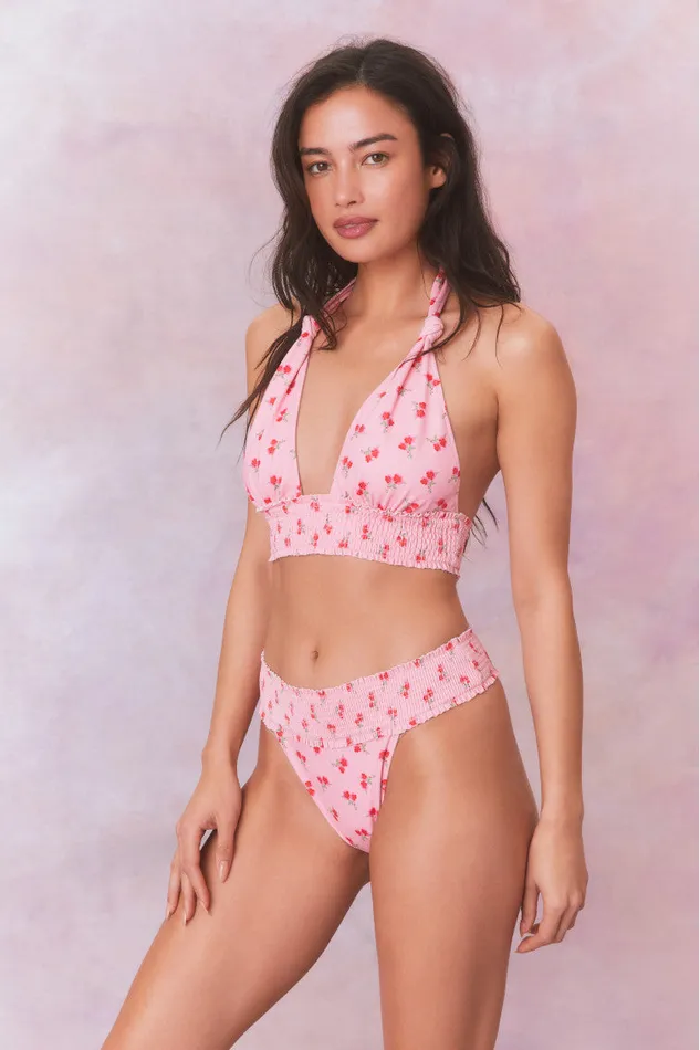 Women Swim LoveShackFancy Katya Cherry Halter Bikini Swim Set Cherry Pink