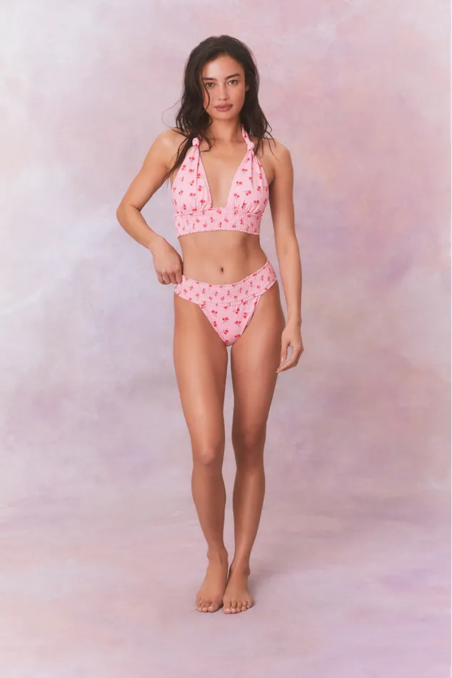 Women Swim LoveShackFancy Katya Cherry Halter Bikini Swim Set Cherry Pink