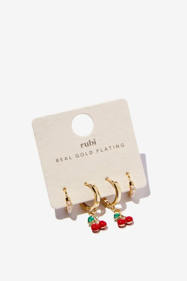 2Pk Mid Earring Gold Plated Cherry Pearl Women Cotton On Jewelry