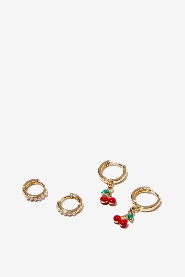 2Pk Mid Earring Gold Plated Cherry Pearl Women Cotton On Jewelry