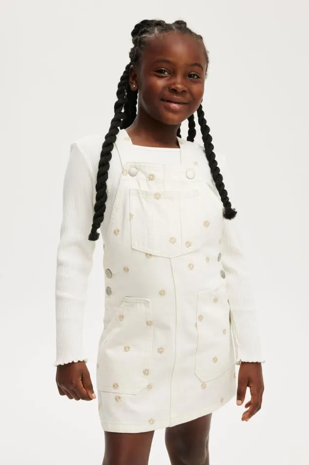 Alice Denim Pinafore Ecru Floral Embroidery Girls Cotton On Dresses
