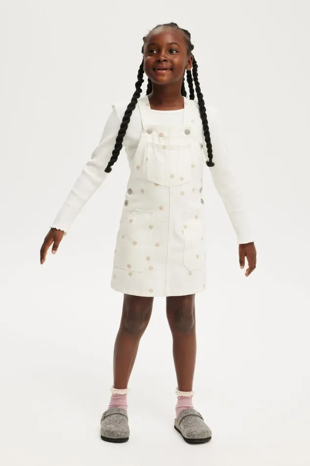 Alice Denim Pinafore Ecru Floral Embroidery Girls Cotton On Dresses Alice Denim Pinafore Ecru Floral Embroidery Girls Cotton On Dresses