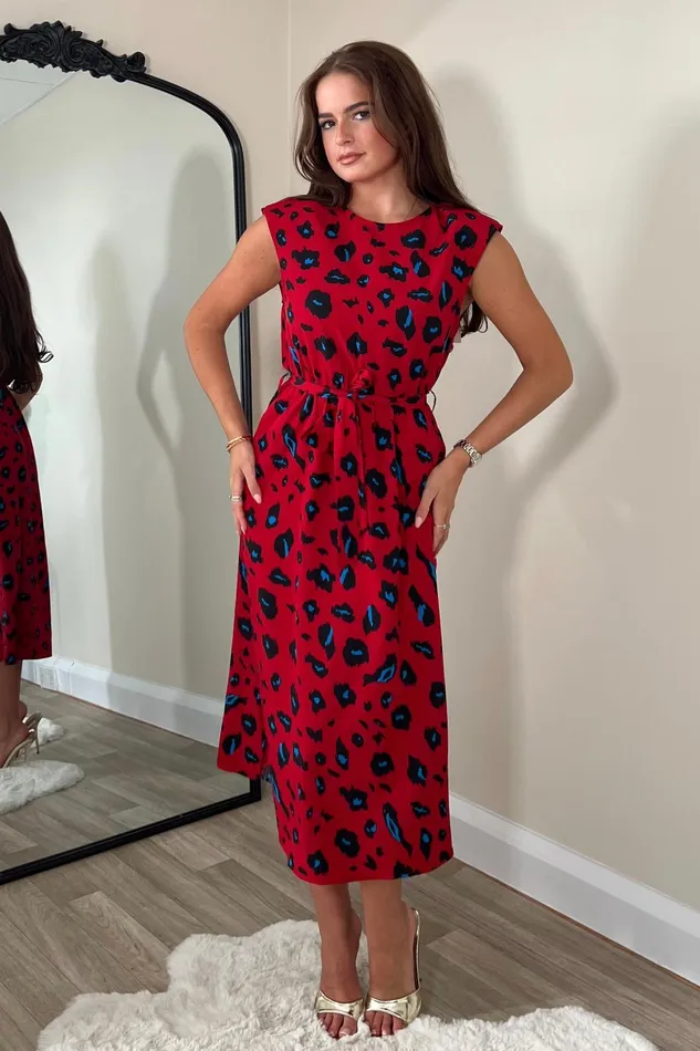 Amay Red Animal Shoulder Pad Midi Dress Women Girl In Mind Maxi Dresses