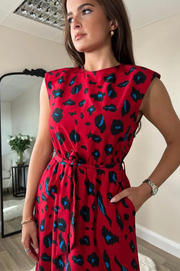 Amay Red Animal Shoulder Pad Midi Dress Women Girl In Mind Maxi Dresses