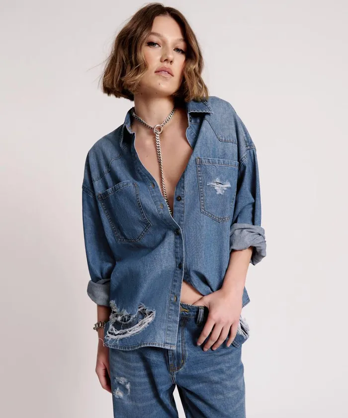BAY BLUE OVERSIZED REVOLVER SHIRT Women One Teaspoon Denim Shirts