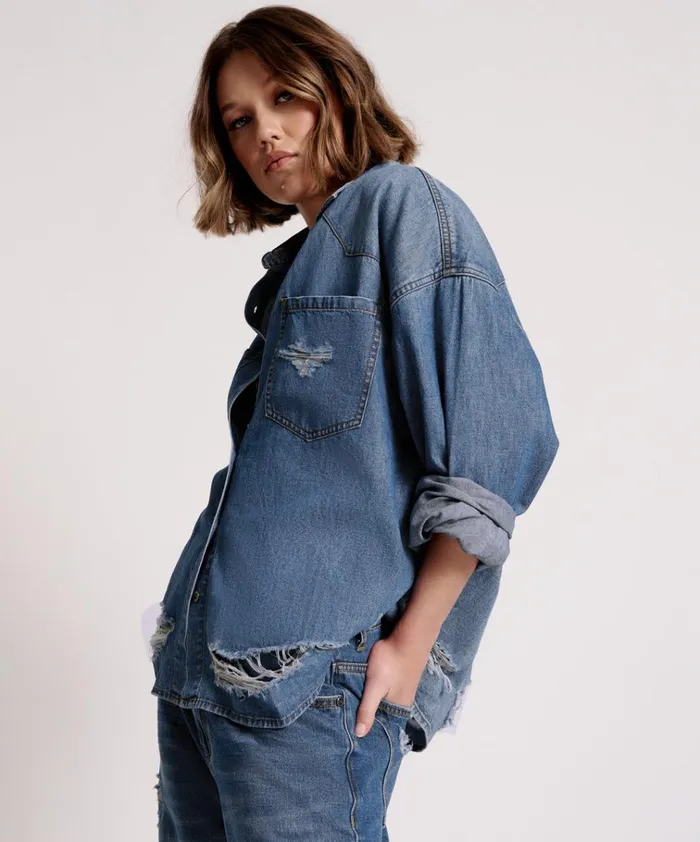 BAY BLUE OVERSIZED REVOLVER SHIRT Women One Teaspoon Denim Shirts BAY BLUE OVERSIZED REVOLVER SHIRT Women One Teaspoon Denim Shirts