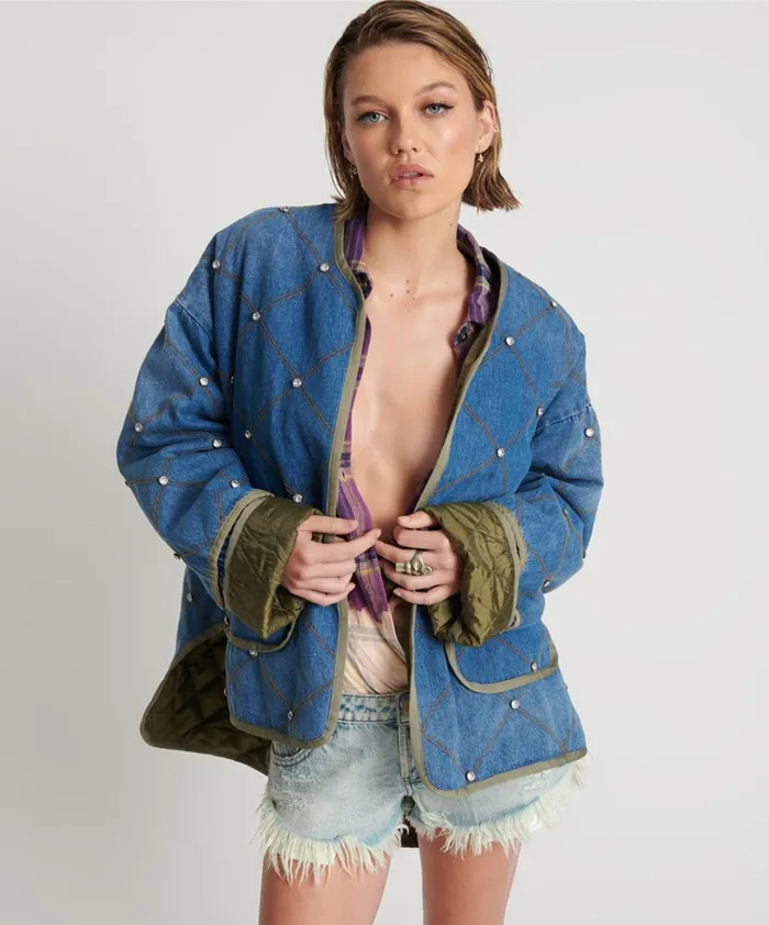 BAY BLUE QUILTED CRYSTAL STUDDED JACKET Women One Teaspoon Jackets