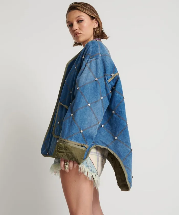 BAY BLUE QUILTED CRYSTAL STUDDED JACKET Women One Teaspoon Jackets BAY BLUE QUILTED CRYSTAL STUDDED JACKET Women One Teaspoon Jackets