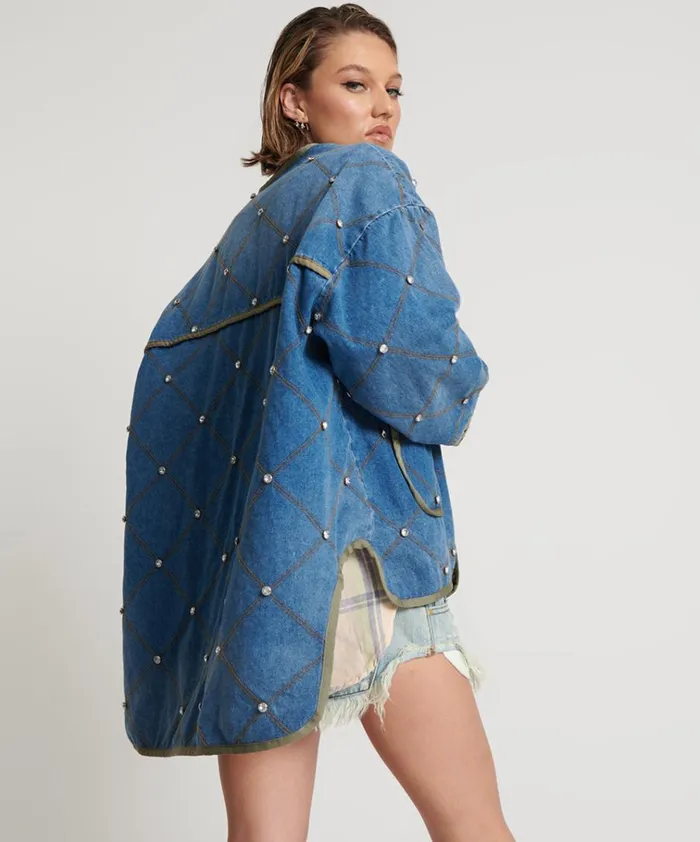 BAY BLUE QUILTED CRYSTAL STUDDED JACKET Women One Teaspoon Jackets BAY BLUE QUILTED CRYSTAL STUDDED JACKET Women One Teaspoon Jackets