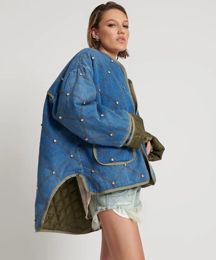 BAY BLUE QUILTED CRYSTAL STUDDED JACKET Women One Teaspoon Jackets BAY BLUE QUILTED CRYSTAL STUDDED JACKET Women One Teaspoon Jackets