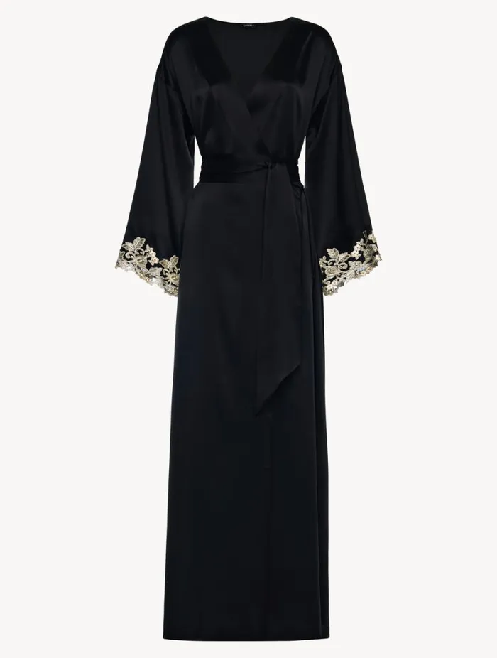 Black Long Silk Robe With Frastaglio Sleepwear La Perla Robes