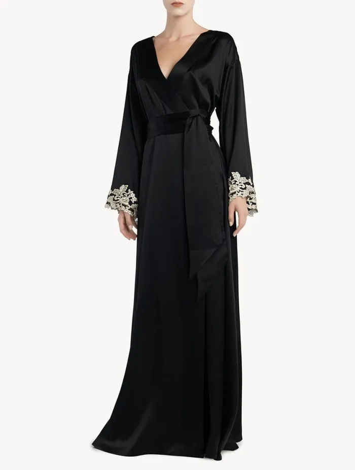 Black Long Silk Robe With Frastaglio Sleepwear La Perla Robes