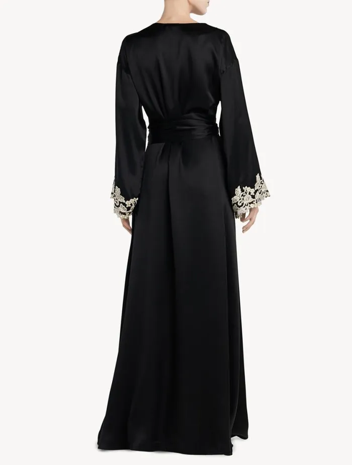 Black Long Silk Robe With Frastaglio Sleepwear La Perla Robes