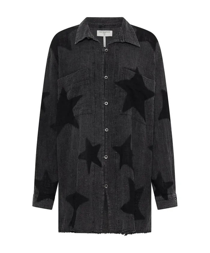 BLACK STAR MUSLIN LONGLINE SHIRT Women One Teaspoon Shirts BLACK STAR MUSLIN LONGLINE SHIRT Women One Teaspoon Shirts