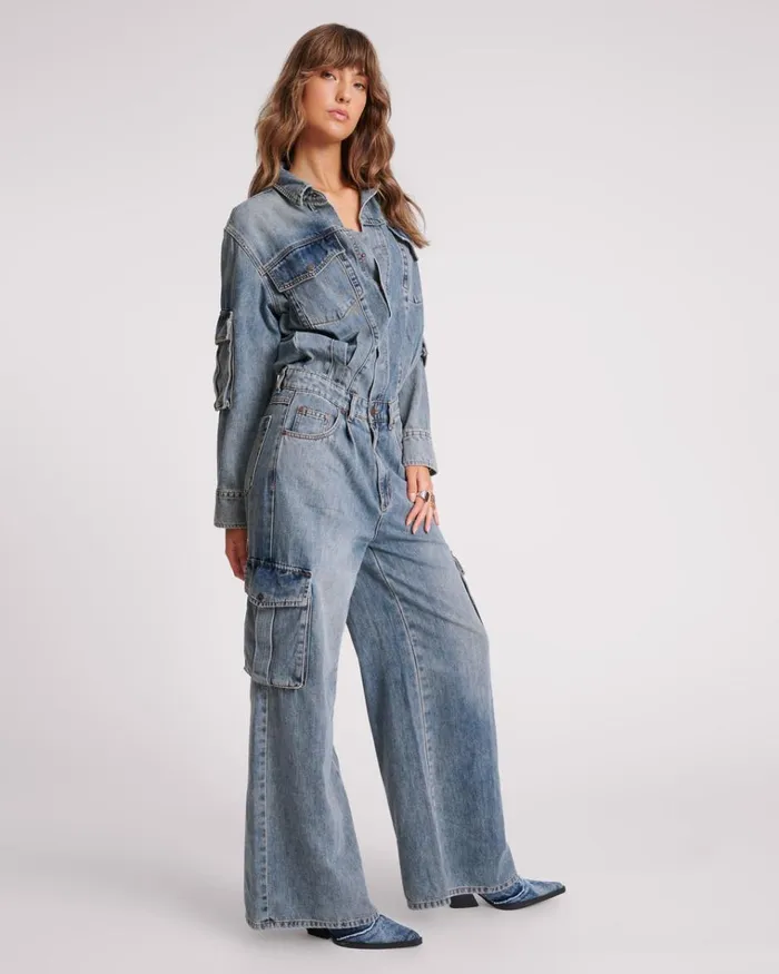 BLUE BLOSSOM CARGO TRUCKER OVERALL Women One Teaspoon Denim Jumpsuits BLUE BLOSSOM CARGO TRUCKER OVERALL Women One Teaspoon Denim Jumpsuits