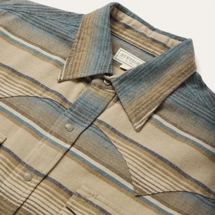 Blue Stripe Flannel Western Shirt Blue Men Stetson Western Shirts