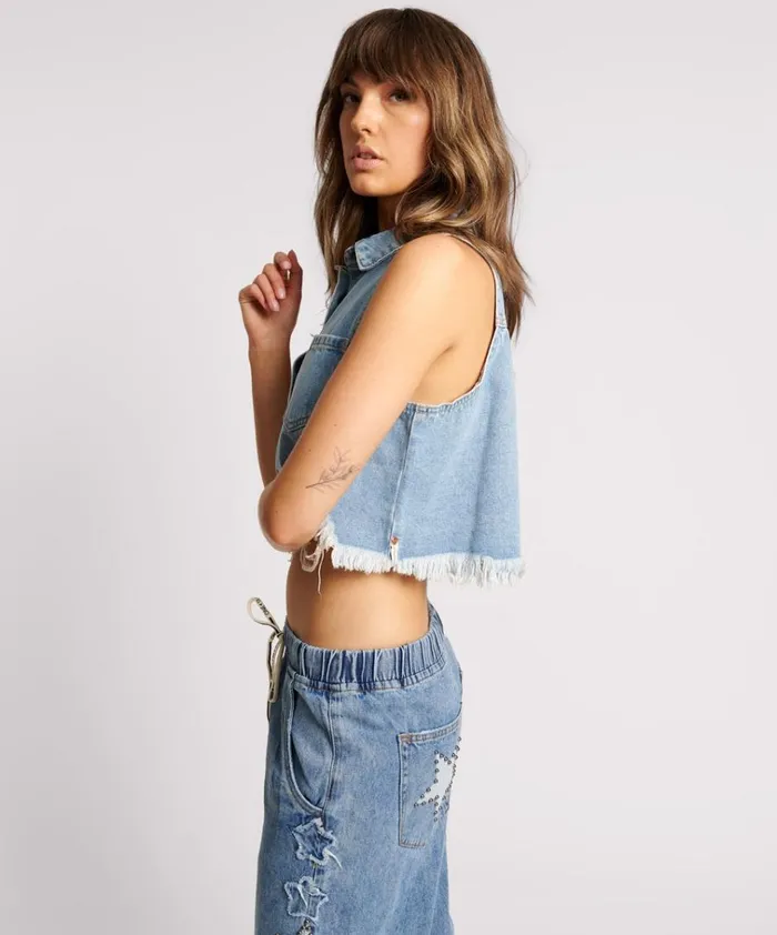 BOLT BLUE CROPPED BRAXTON TOP Women One Teaspoon Denim Tops