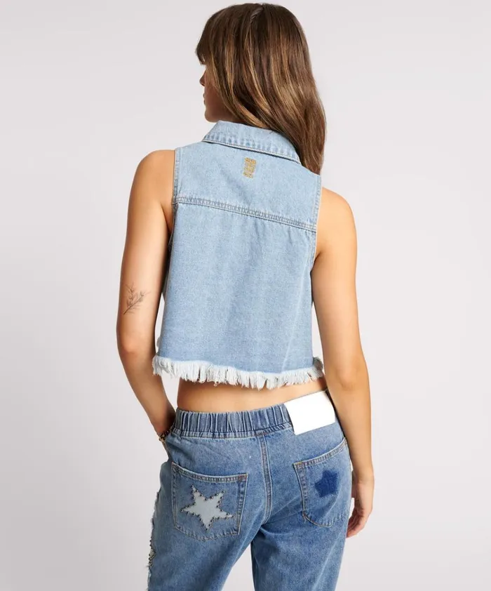 BOLT BLUE CROPPED BRAXTON TOP Women One Teaspoon Denim Tops BOLT BLUE CROPPED BRAXTON TOP Women One Teaspoon Denim Tops