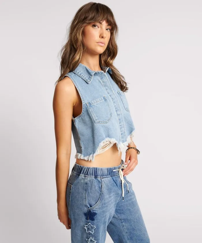 BOLT BLUE CROPPED BRAXTON TOP Women One Teaspoon Denim Tops BOLT BLUE CROPPED BRAXTON TOP Women One Teaspoon Denim Tops