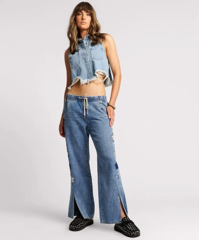 BOLT BLUE CROPPED BRAXTON TOP Women One Teaspoon Denim Tops BOLT BLUE CROPPED BRAXTON TOP Women One Teaspoon Denim Tops