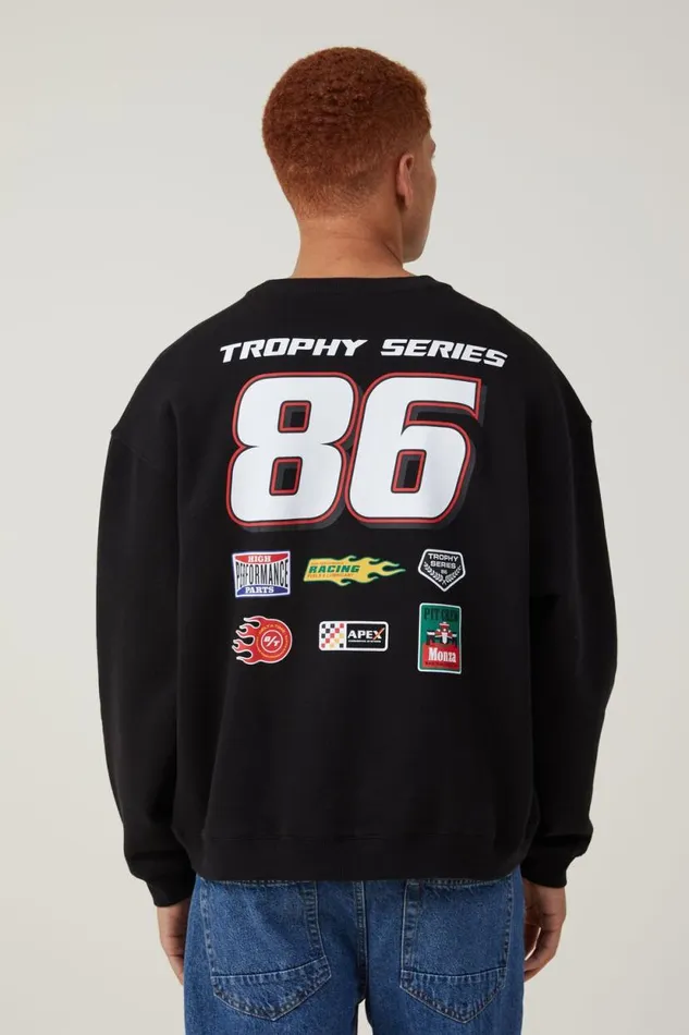 Box Fit Graphic Crew Sweater Black 8 Trophy Series Men Cotton On Sweats and Hoodies Box Fit Graphic Crew Sweater Black 8 Trophy Series Men Cotton On Sweats and Hoodies
