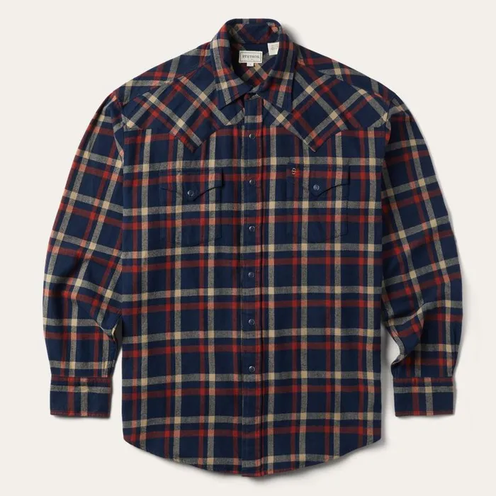 Brushed Twill Plaid Shirt Blue Men Stetson Western Shirts
