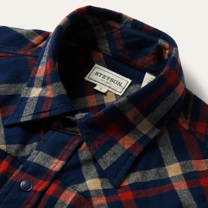 Brushed Twill Plaid Shirt Blue Men Stetson Western Shirts
