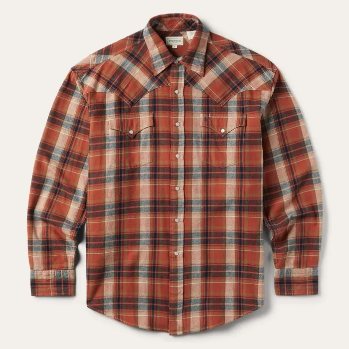 Brushed Twill Plaid Shirt Orange Men Stetson Classic Cut