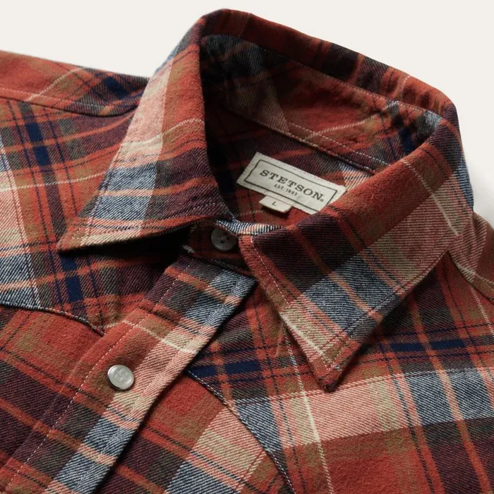 Brushed Twill Plaid Shirt Orange Men Stetson Classic Cut