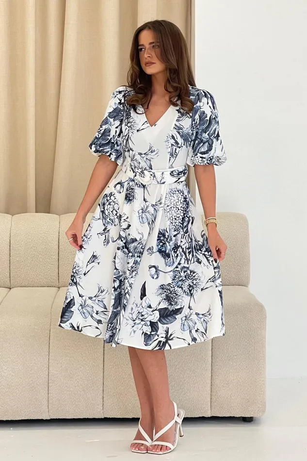 Bryn V Neck Puff Sleeve Belted Midi Dress Blue Floral Women Girl In Mind Midi Dresses Bryn V Neck Puff Sleeve Belted Midi Dress Blue Floral Women Girl In Mind Midi Dresses