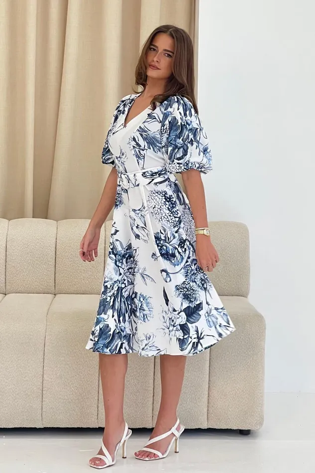 Bryn V Neck Puff Sleeve Belted Midi Dress Blue Floral Women Girl In Mind Midi Dresses