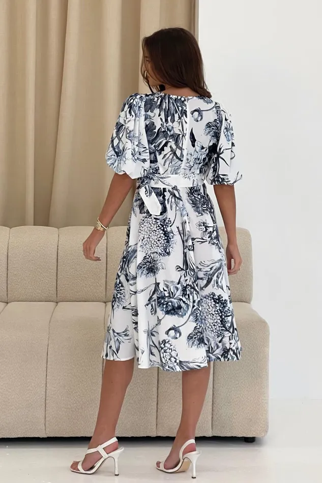 Bryn V Neck Puff Sleeve Belted Midi Dress Blue Floral Women Girl In Mind Midi Dresses