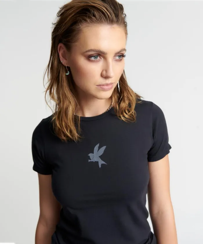 CHARCOAL BOWER BIRD ORGANIC FITTED TEE Women One Teaspoon Tops CHARCOAL BOWER BIRD ORGANIC FITTED TEE Women One Teaspoon Tops