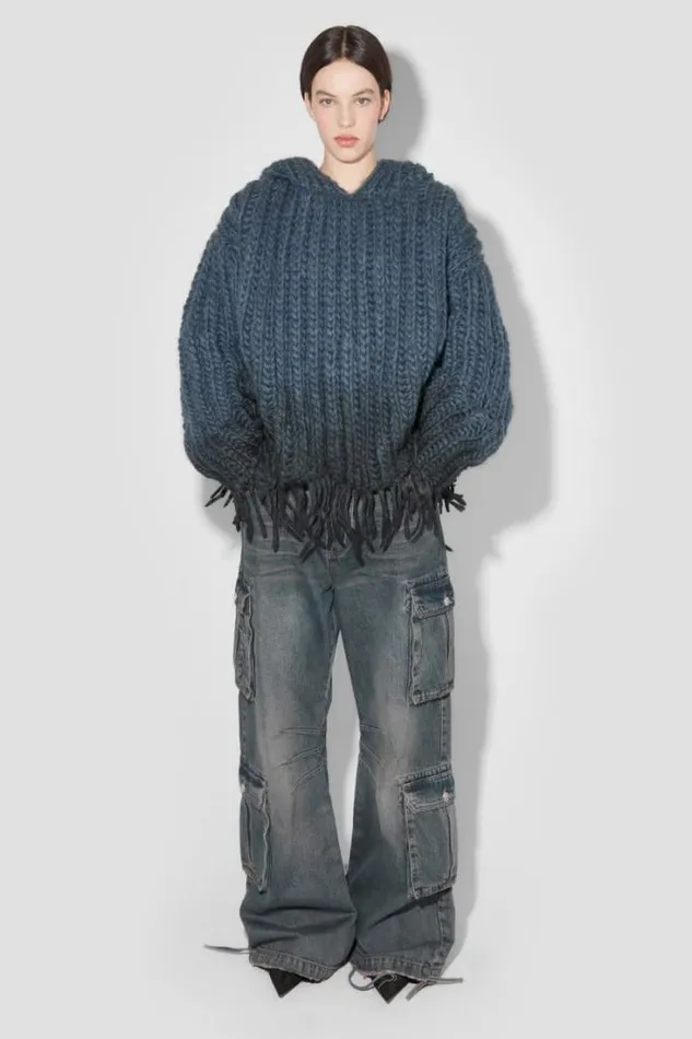 Coated Bulky Knitted Hoodie Denim Blue Women MISBHV Knitwear