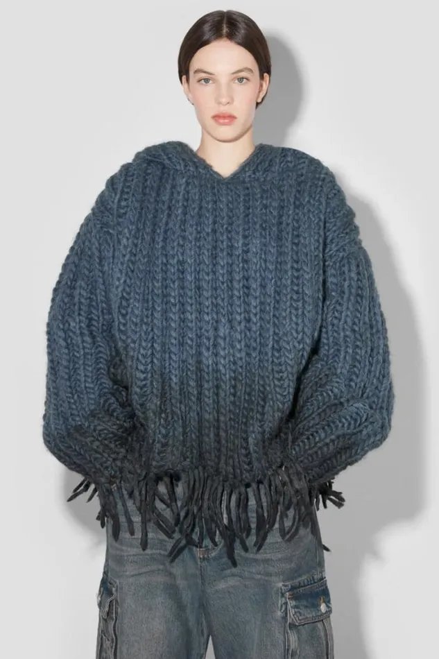 Coated Bulky Knitted Hoodie Denim Blue Women MISBHV Knitwear