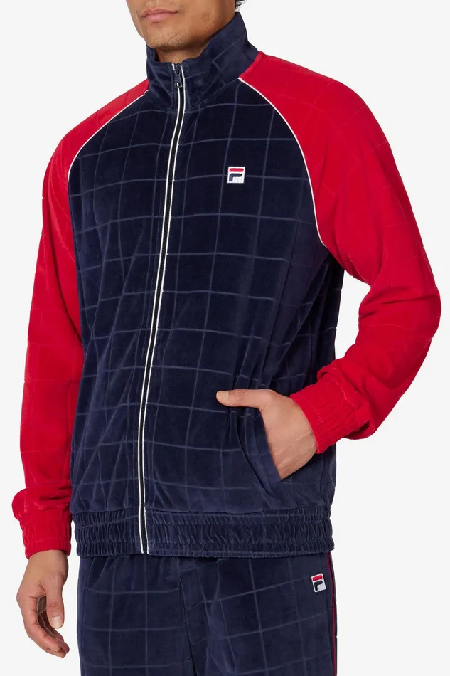 Coats and Jackets Men Fila Ivy League Debossed Check Velour Jacket 488 Fila Navy Fila Red Gardenia