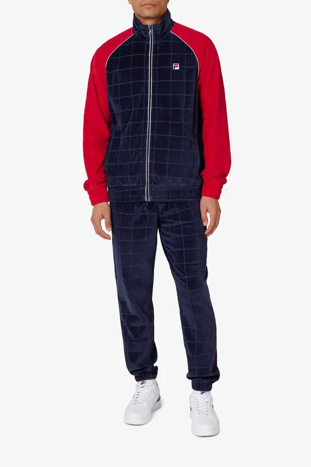 Coats and Jackets Men Fila Ivy League Debossed Check Velour Jacket 488 Fila Navy Fila Red Gardenia