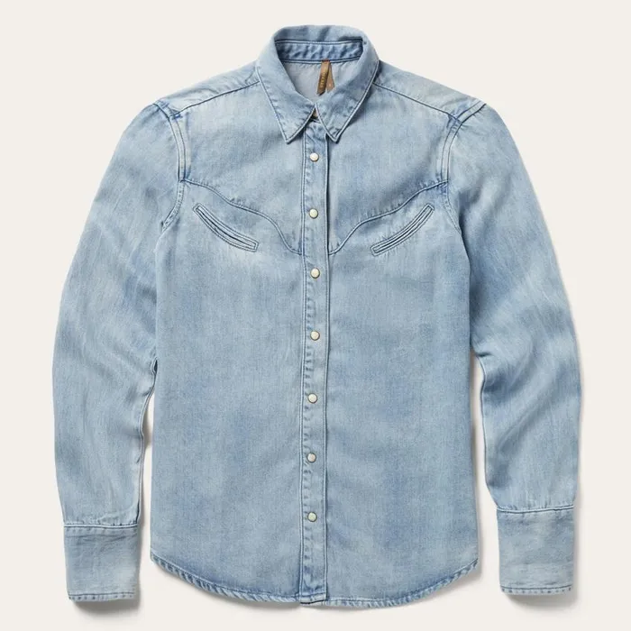 Curved Yoke Western Denim Shirt Blue Women Stetson Western Shirts