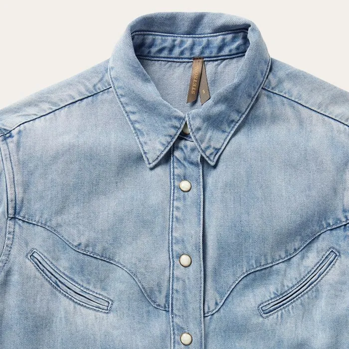 Curved Yoke Western Denim Shirt Blue Women Stetson Western Shirts
