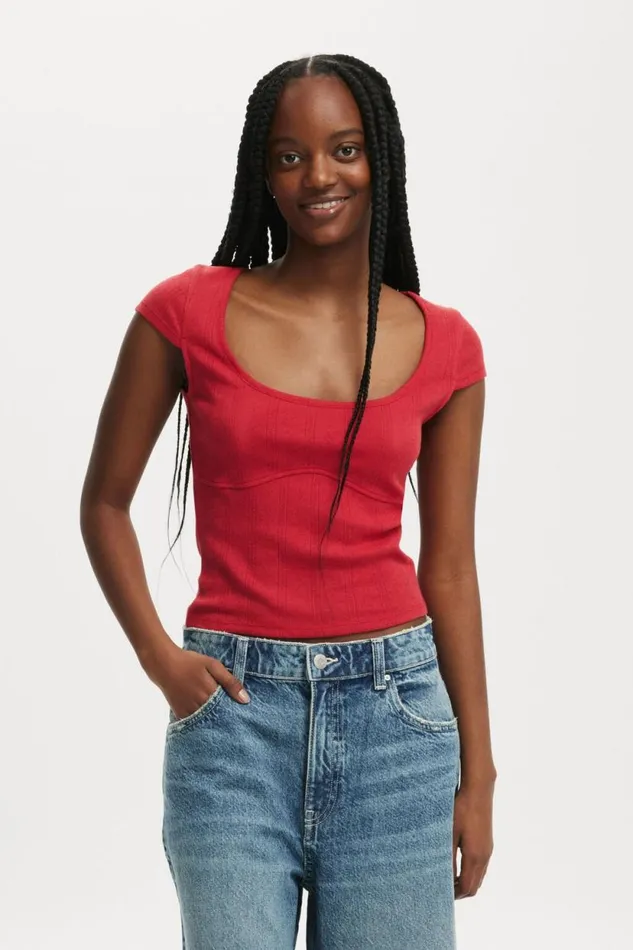 Darcie Scoop Neck Short Sleeve Top Crimson Kiss Women Cotton On Tops
