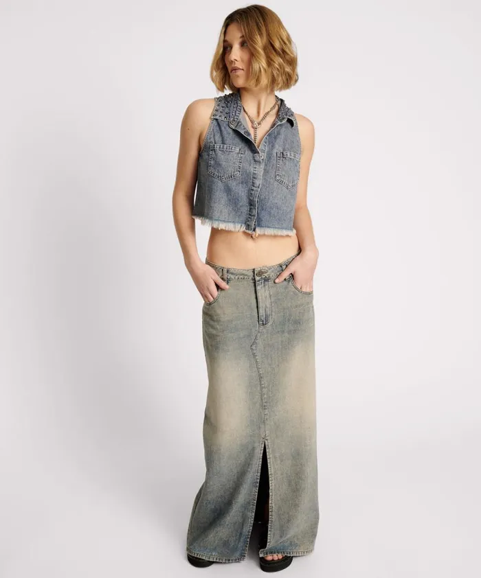 DIRTY BLUE STUDDED BRAXTON TOP Women One Teaspoon Denim Tops DIRTY BLUE STUDDED BRAXTON TOP Women One Teaspoon Denim Tops