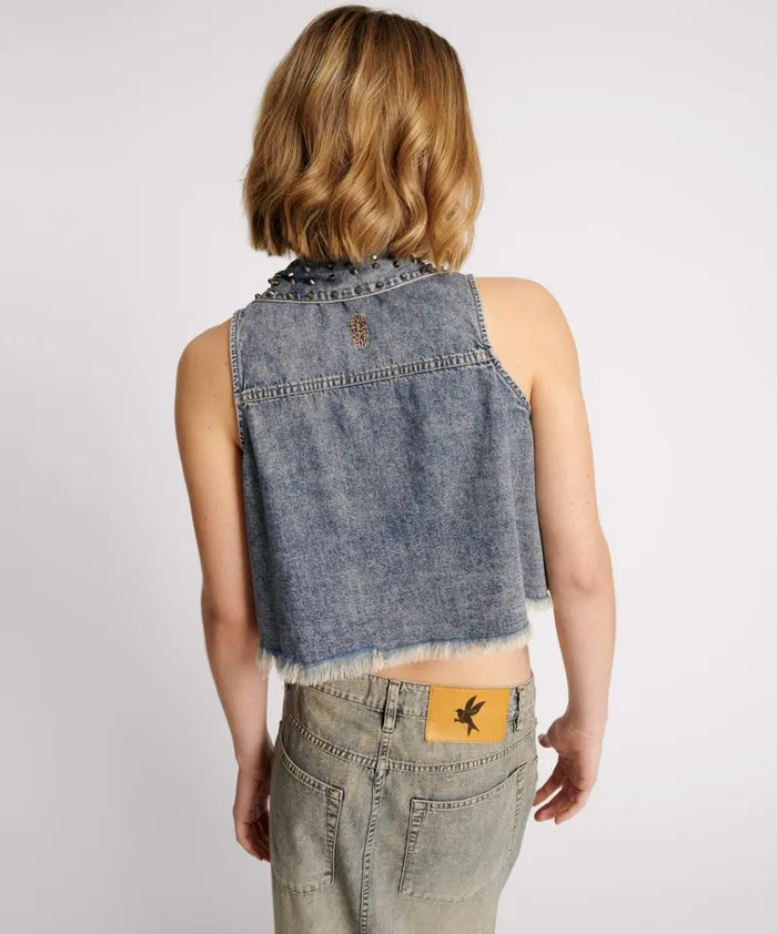 DIRTY BLUE STUDDED BRAXTON TOP Women One Teaspoon Denim Tops DIRTY BLUE STUDDED BRAXTON TOP Women One Teaspoon Denim Tops