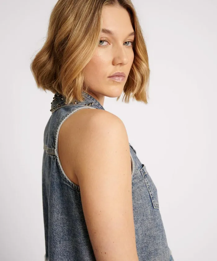 DIRTY BLUE STUDDED BRAXTON TOP Women One Teaspoon Denim Tops DIRTY BLUE STUDDED BRAXTON TOP Women One Teaspoon Denim Tops