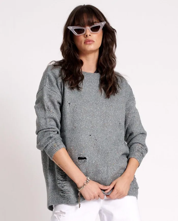 DISTRESSED FISHERMAN KNIT SWEATER GREY Women One Teaspoon Knitwear